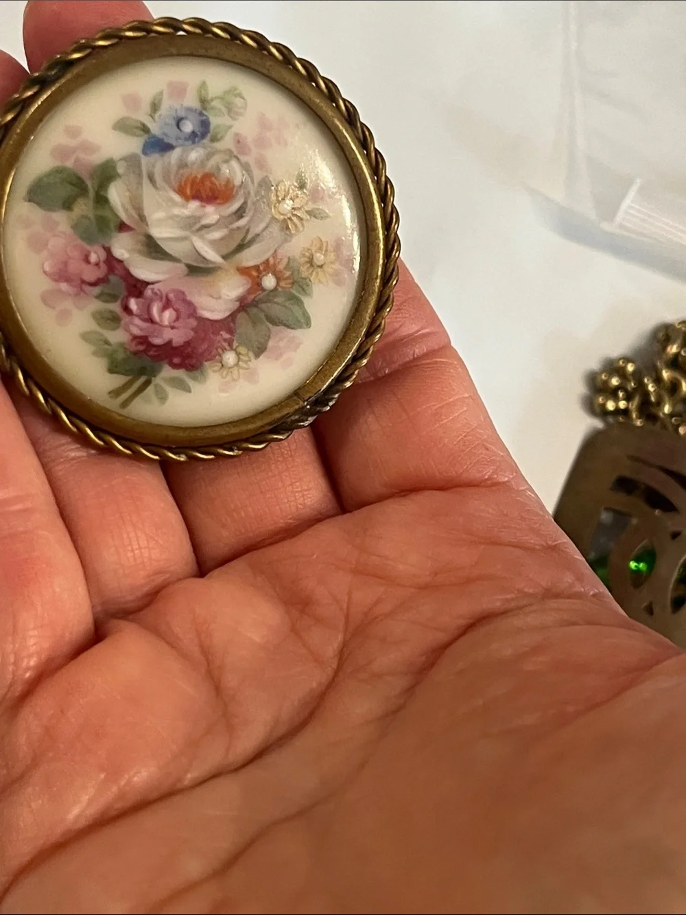 VINTAGE LIMOGES PORCELAIN HAND PAINTED FLORAL PIN, signed